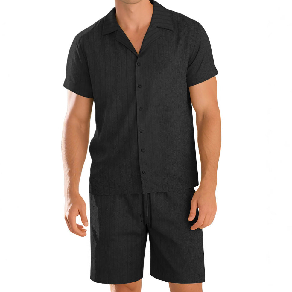Men's ribbed knit lounge set with lapel collar short-sleeve shirt and comfort bermuda Mune Fashion
