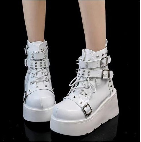 Women's Plateau Biker Ankle Boots with Wide Wedge Sole, Buckles, Chains and Cross Appliqués Mune Fashion