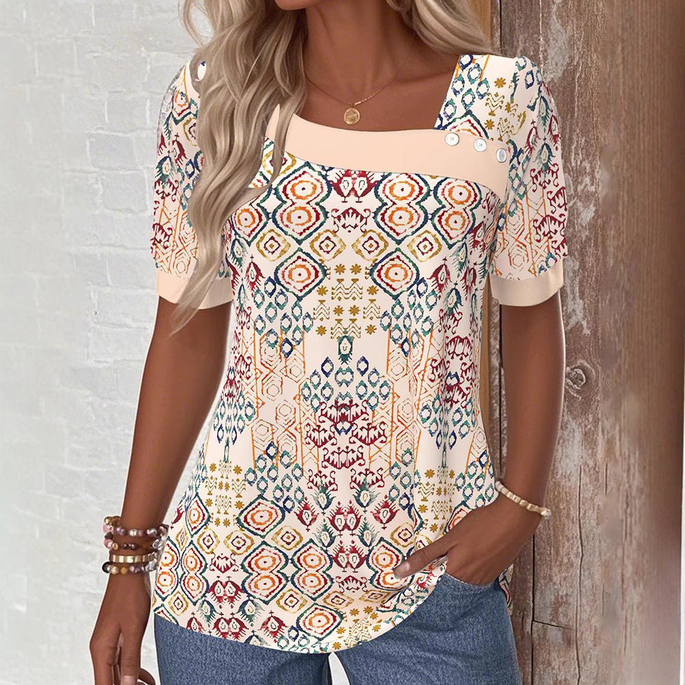 Women's Boho Print Short Sleeve Shirt with Square Neckline, Contrast Trim and Rounded Hem Mune Fashion