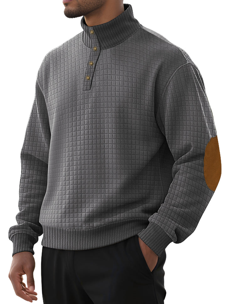 Men's plaid quilted sweatshirt with Henley placket, high stand-up collar, and velour elbow patches Mune Fashion