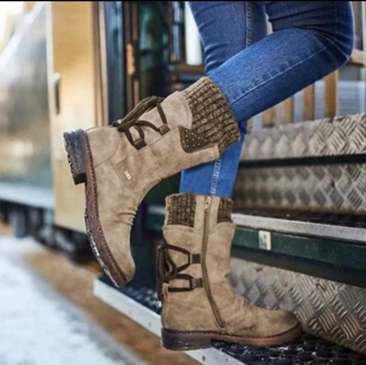 Women's Mid-Cut Boots with Knit Cuff, Decorative Cord and Velour Look Mune Fashion