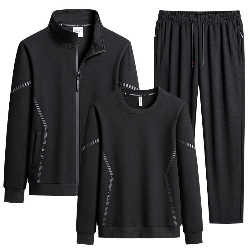 Men's Three-Piece Performance Training Set with Stand Collar Zip Jacket, Round Neck Sweater & Tapered Jogging Pants Mune Fashion