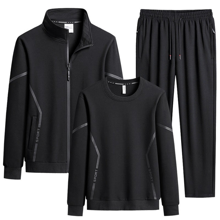 Men's Three-Piece Performance Training Set with Stand Collar Zip Jacket, Round Neck Sweater & Tapered Jogging Pants Mune Fashion