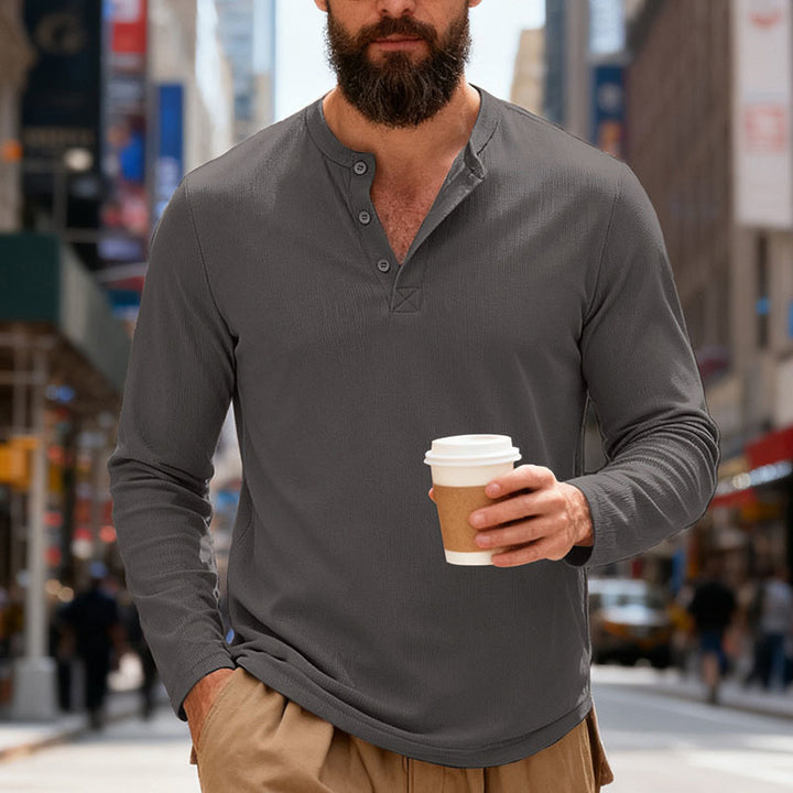 Men's nan Thermo-Henley-Long Sleeve Shirt with Waffle Structure, Round Neckline and Button Placket Mune Fashion