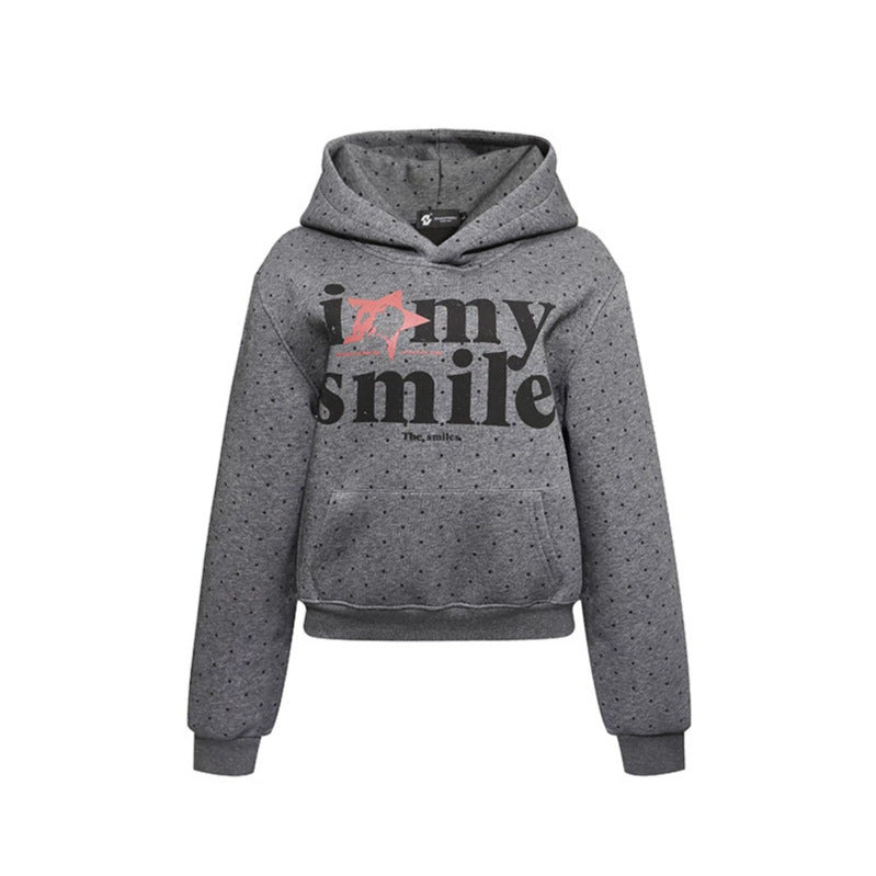Women’s hoodie sweatshirt with polka dot pattern, kangaroo pocket and large typographic print Mune Fashion