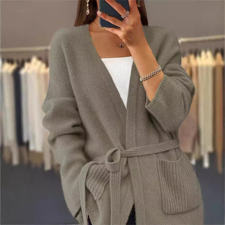 Ladies long cardigan with tie belt, patch rib pockets and loose waffle knit Mune Fashion
