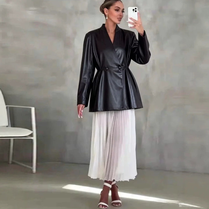 Women's Tailored Faux Leather Wrap Blazer with Flared Hem Mune Fashion