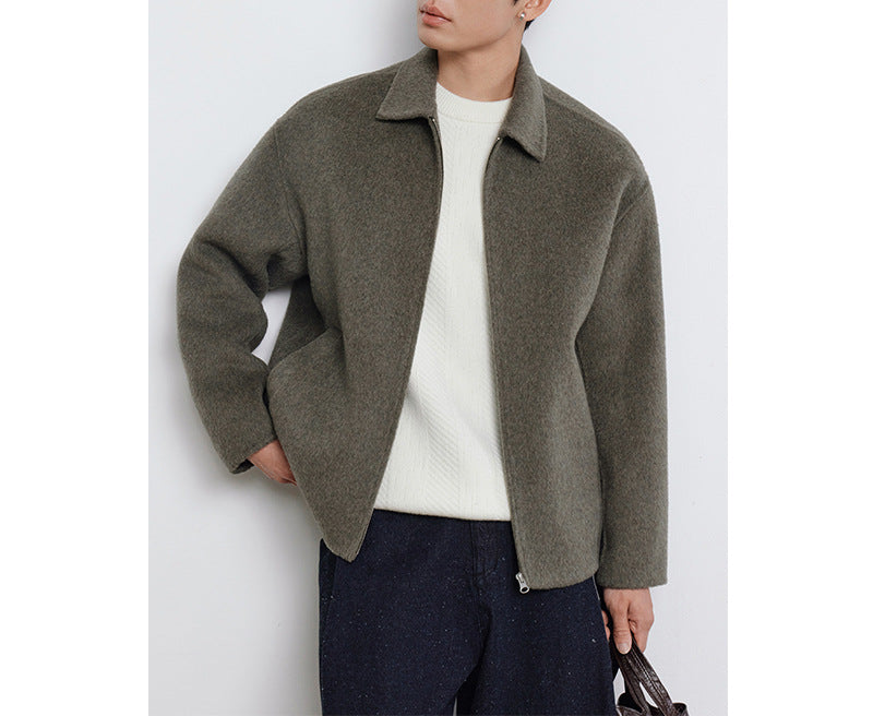 Men's Short Cut Wool Blend Transitional Jacket with Zipper and Shirt Collar Mune Fashion