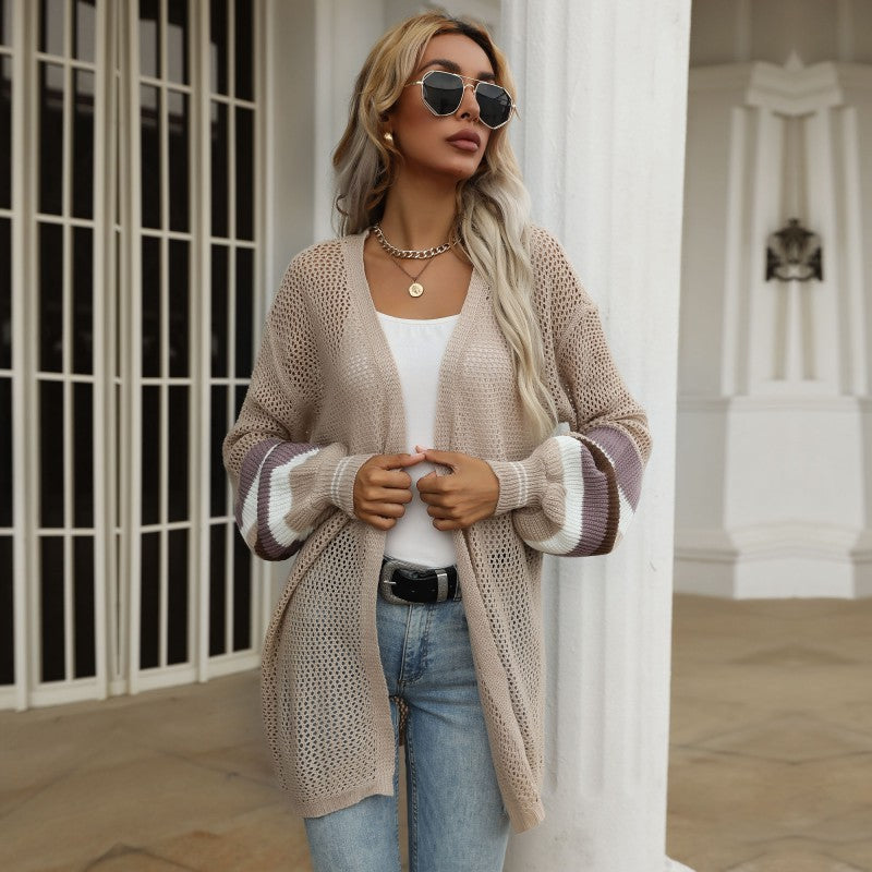 Women's Longline Net Knit Cardigan with Balloon Sleeves and Block Stripes Mune Fashion