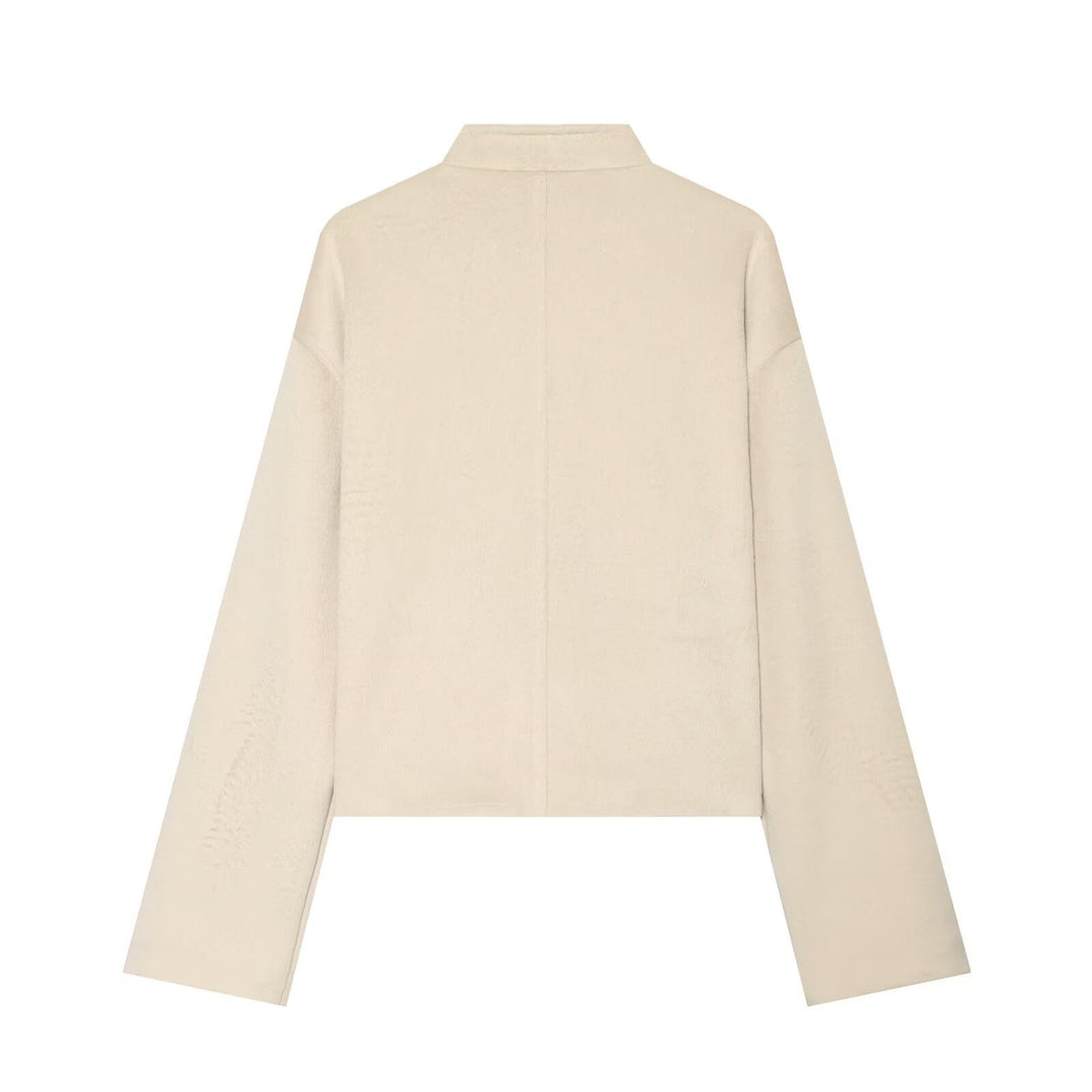Women's Short Teddy Jacket with Mandarin Collar and Decorative Knot Closures Drune