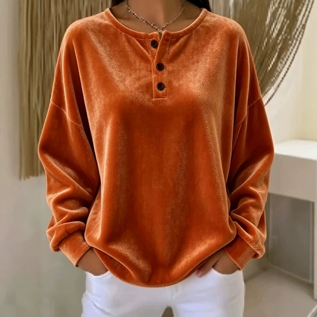 Women Casual Oversized Velvet Henley Shirt with Button Placket Mune Fashion