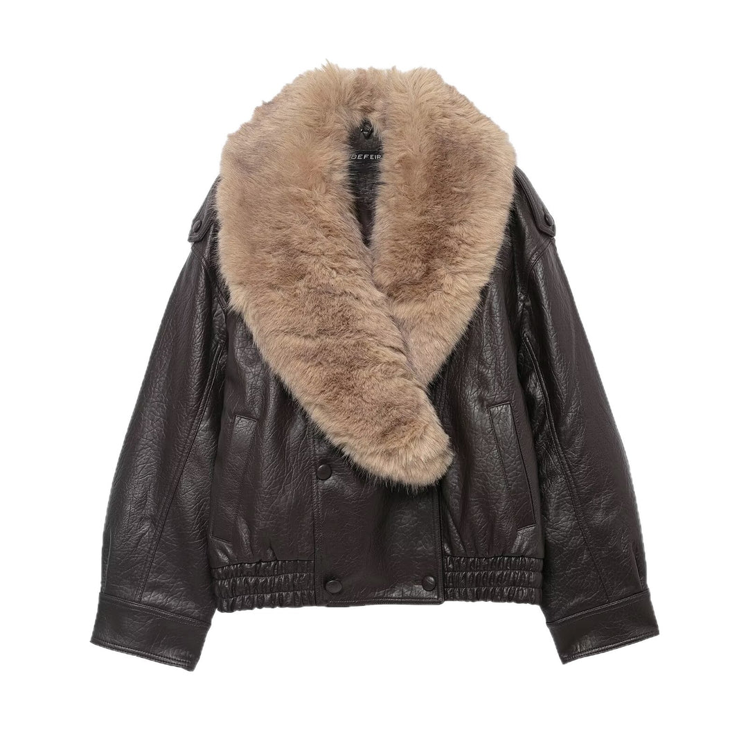 Women's Short Leather Blouson Jacket with XXL Fur Collar Mune Fashion