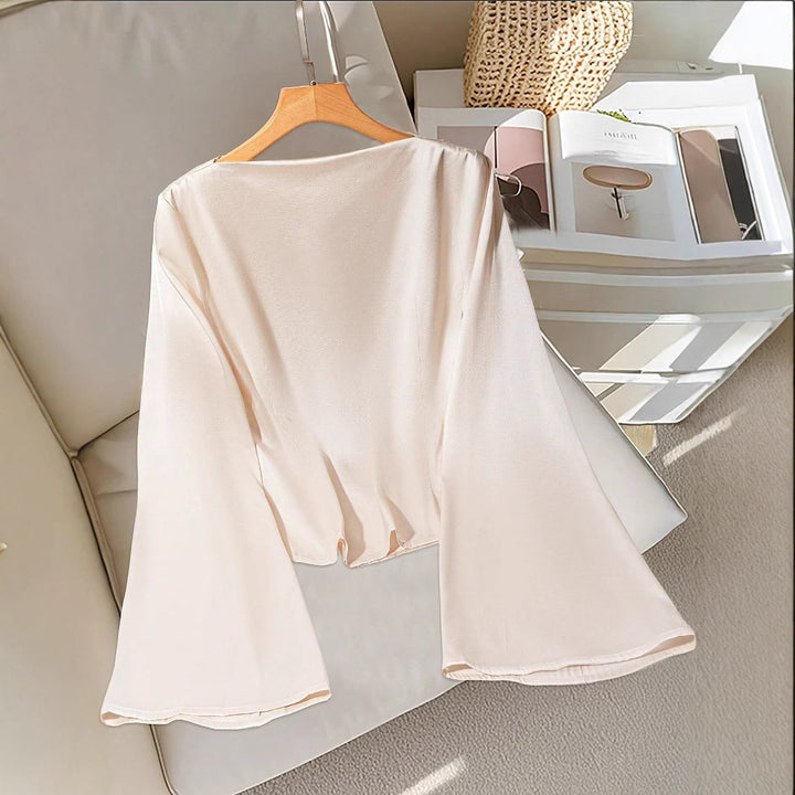 Women Draped Satin Top with Waterfall Collar & Ruffle Sleeves Mune Fashion