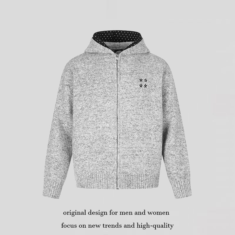Women's Zip Hoodie Cardigan with Polka Dot Hood Lining and Star Embroidery Mune Fashion