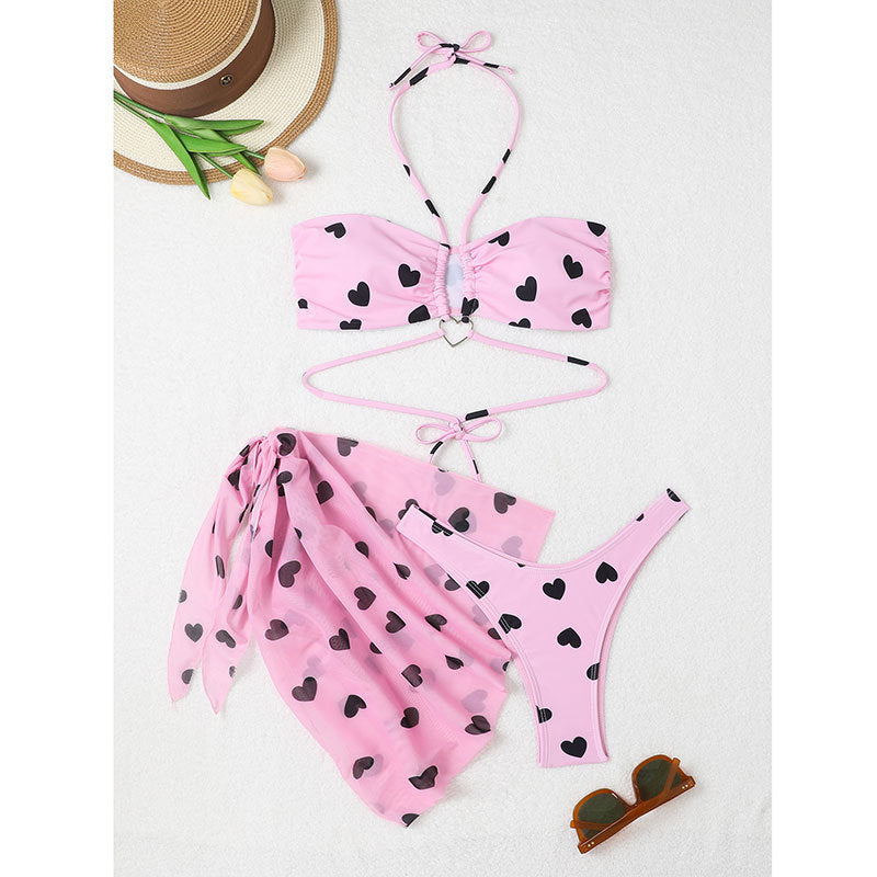 Women's Bikini Set with playful heart pattern and transparent wrap skirt Mune Fashion