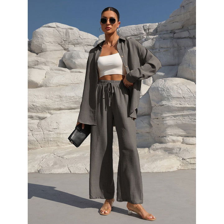Women's Two-Piece Linen Look Loungewear Set with Oversized Shirt and Wide Comfort Palazzo Mune Fashion