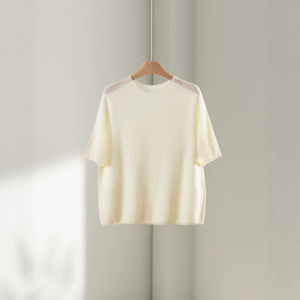 Ladies Lightweight Fine Knit Top with Half Sleeves, Round Neck and Fine Lace Pattern Mune Fashion