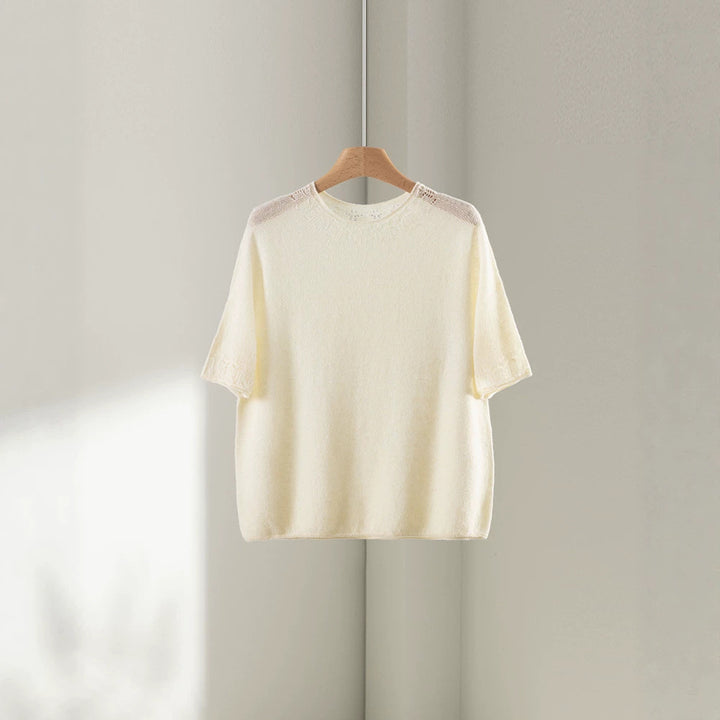 Ladies Lightweight Fine Knit Top with Half Sleeves, Round Neck and Fine Lace Pattern Mune Fashion