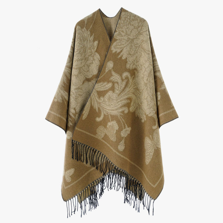 Women Reversible Knitted Cape-Poncho with Fringes and Contrasting Stripes Mune Fashion