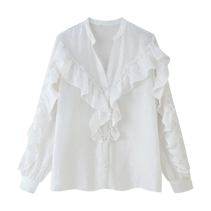 Ladies' romantic ruffle blouse with stand-up collar, concealed button placket, and long sleeve ruffles Mune Fashion