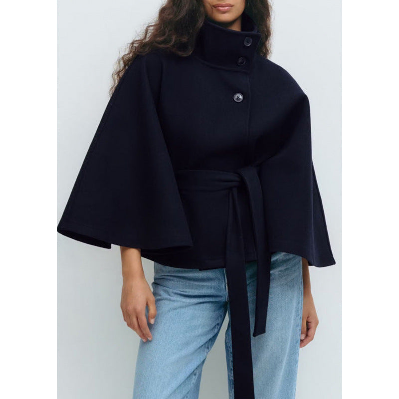 Ladies wool coat in cape style with stand-up collar and waist belt Mune Fashion