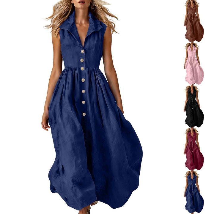 Women's Sleeveless Midi Dress with Button Placket, Gathered Waist and Ruffled Collar Mune Fashion