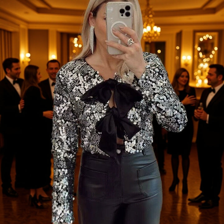 Women’s Short Jacket with Sequin Trim and Decorative Bow Front Mune Fashion