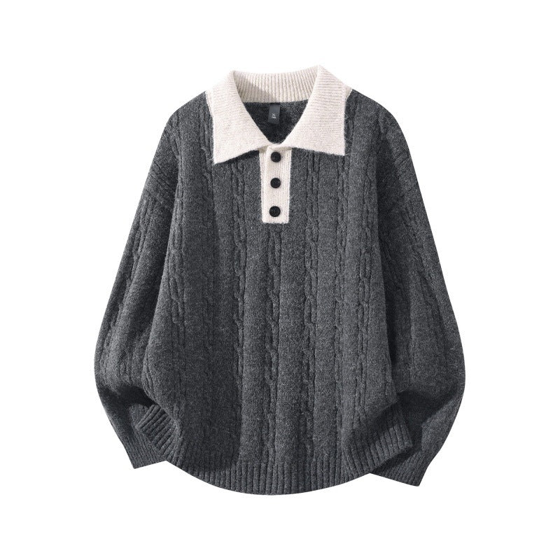 Men's Oversized Cable Knit Polo Sweater with Contrast Collar and Three Button Placket Mune Fashion