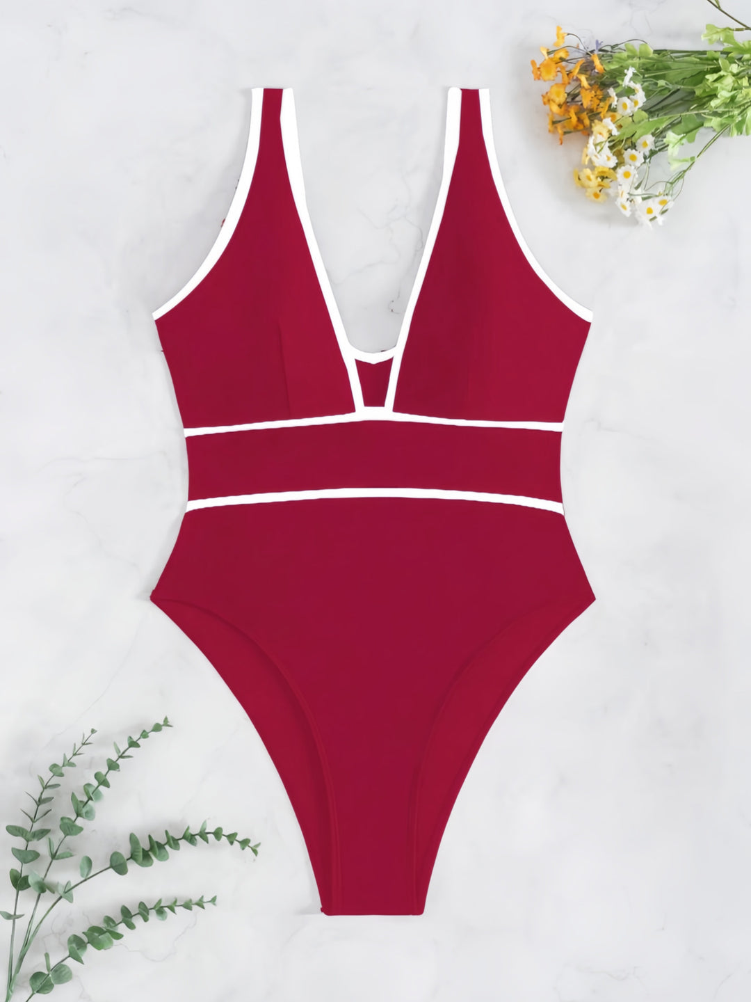 Women's One-Piece Swimsuit with Deep V-Neck and Fashionable Contrasts Mune Fashion