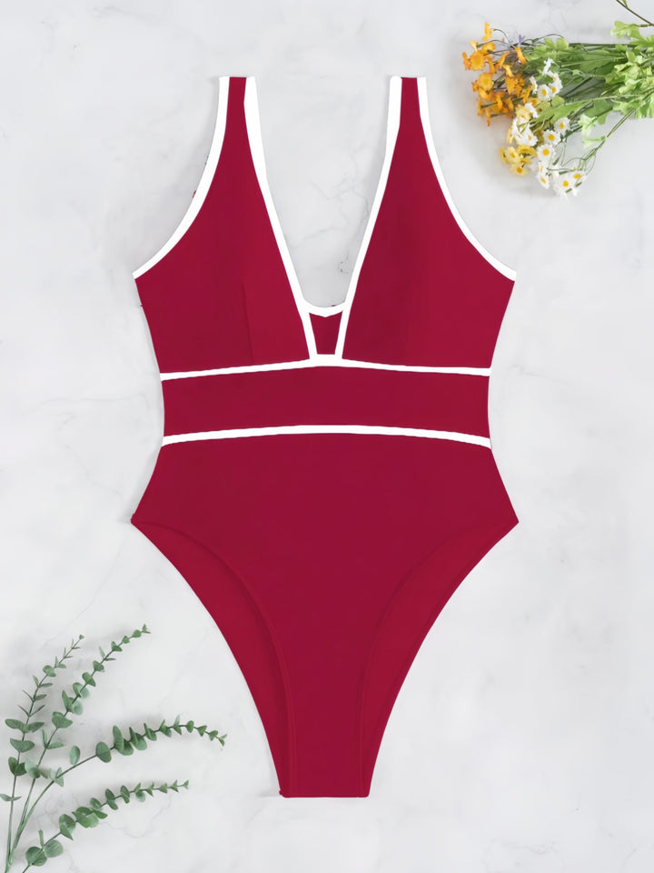 Women's One-Piece Swimsuit with Deep V-Neck and Fashionable Contrasts Mune Fashion