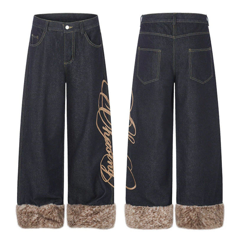 Women's denim palazzo pants with high waist, wide leg, side logo embroidery, and faux fur cuffs.