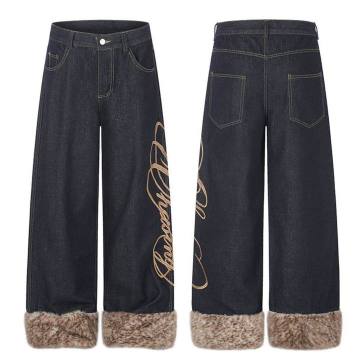 Women's denim palazzo pants with high waist, wide leg, side logo embroidery, and faux fur cuffs.