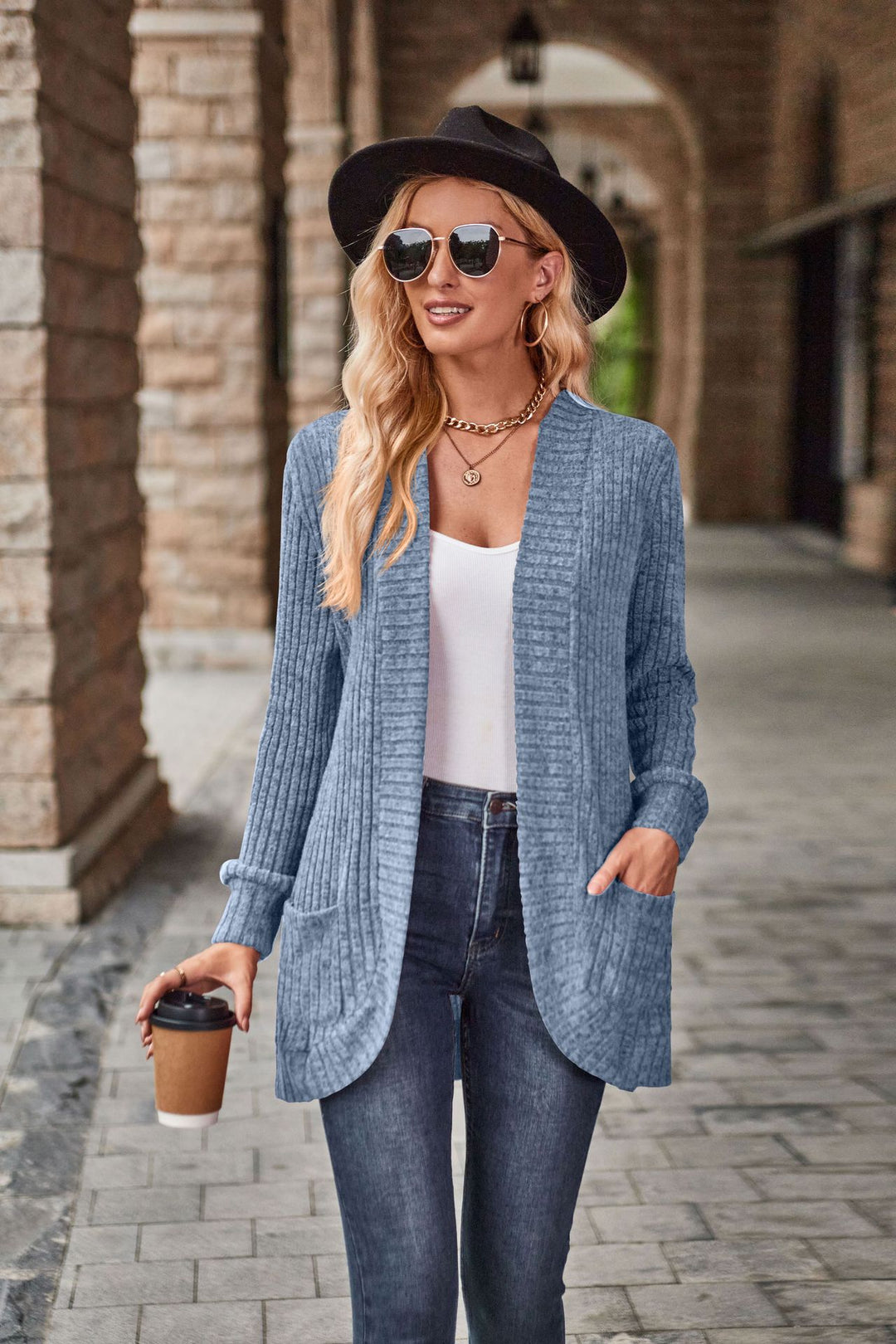 Women's longer ribbed cardigan with patch pockets and open front Mune Fashion