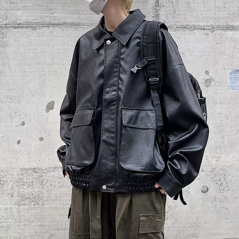 Men's Boxy Overshirt in Leather Look with Shirt Collar and Patch Breast Pockets Mune Fashion