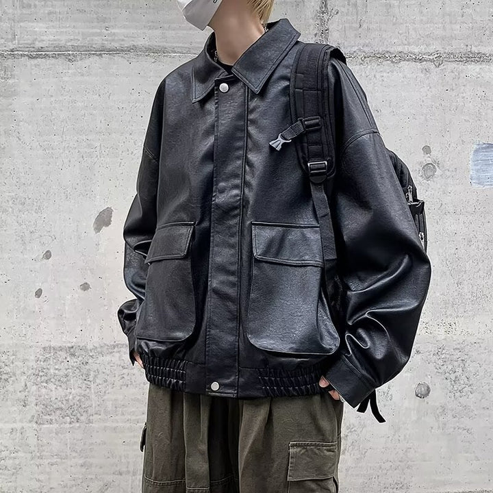 Men's Boxy Overshirt in Leather Look with Shirt Collar and Patch Breast Pockets Mune Fashion