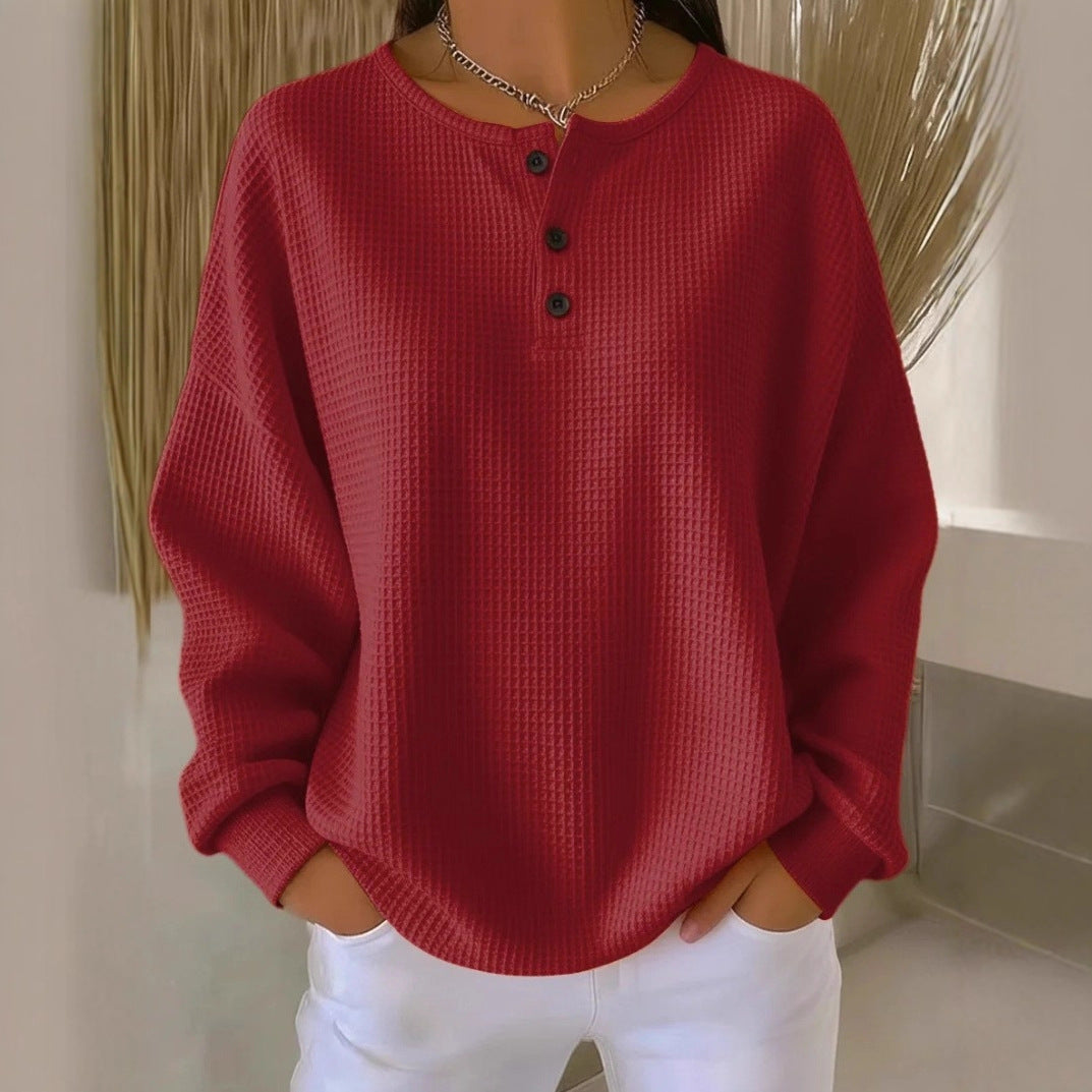 Women Oversize Waffle Knit Henley Shirt with Placket and Round Neck Mune Fashion
