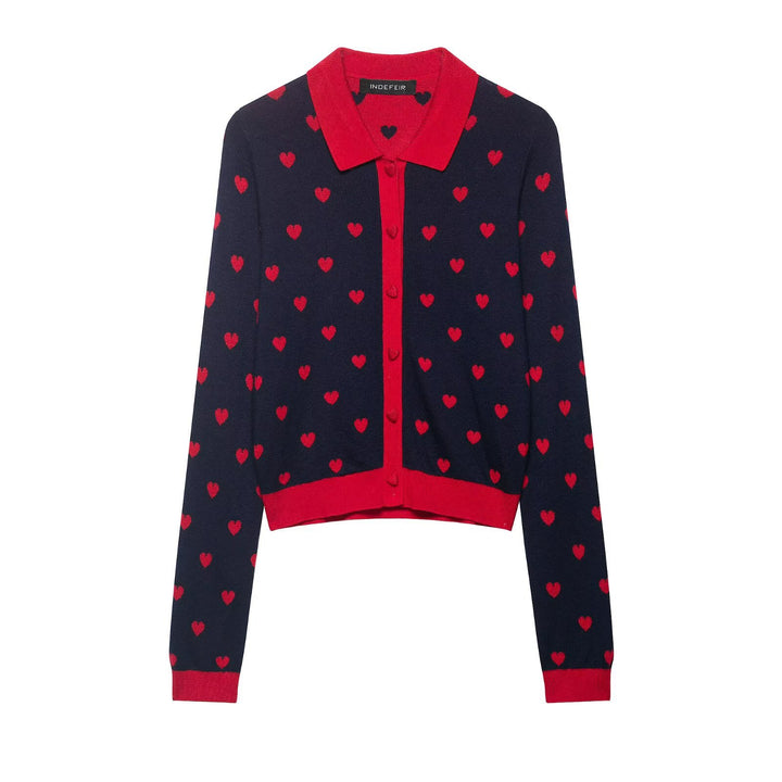 Women's Short Cardigan-Style Knitted Jacket with Heart Jacquard and Lapel Collar Mune Fashion