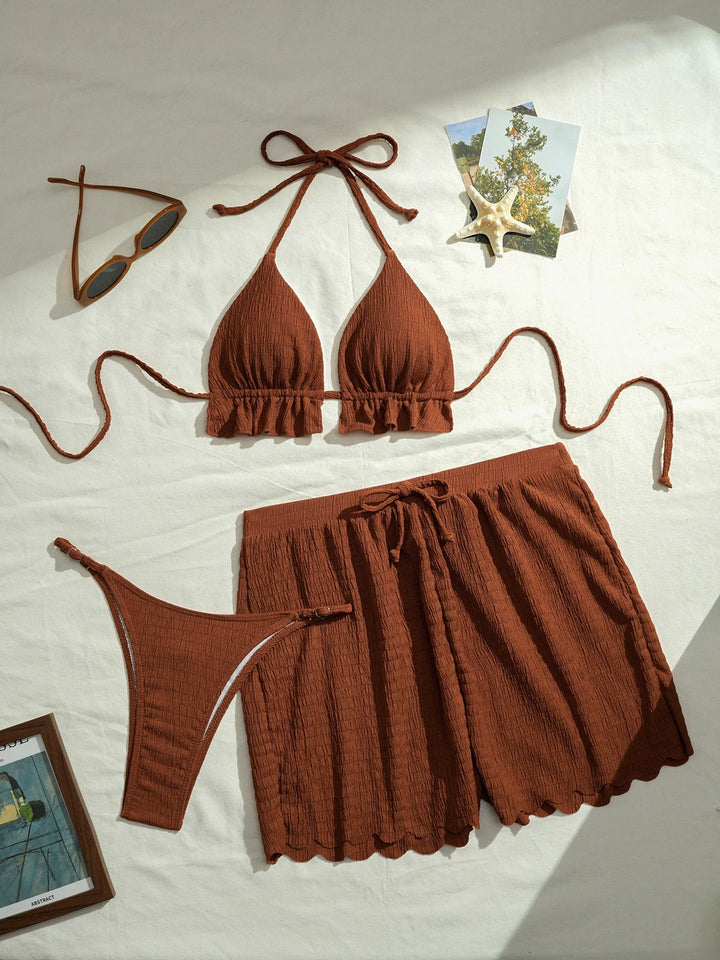 Women Triangle Bikini Set with Casual Shorts Mune Fashion