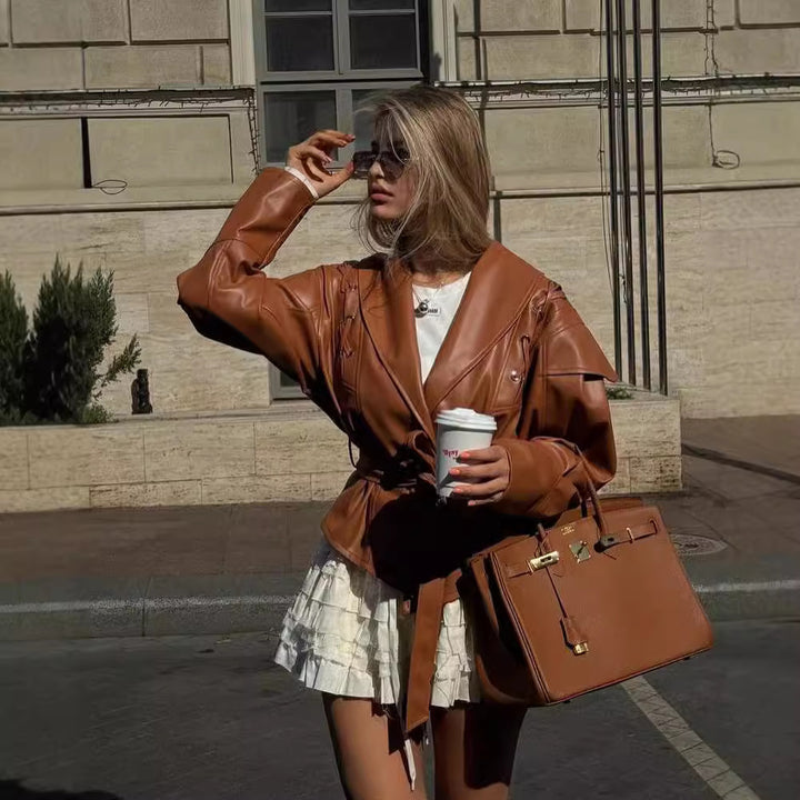 Ladies short jacket made of suede look with wrap belt, shawl collar and lacing detail Mune Fashion