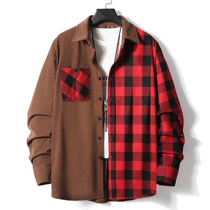 Men's Half-Split Overshirt in Lumberjack Check with Contrasting Solid Side, Chest Pocket, and Continuous Button Placket Mune Fashion