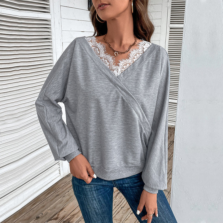 Women's Casual Oversized Sweatshirt with Wrap Look and Lace Insert Mune Fashion