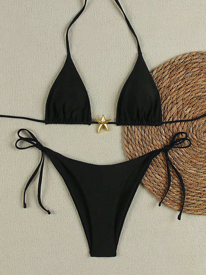 Women's Triangle Bikini Set with Adjustable Straps and Decorative Jewelry Element Mune Fashion