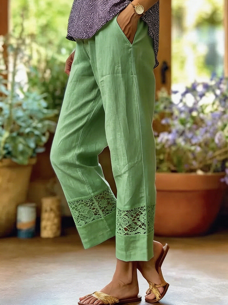 Women's Linen Look Culotte Pants with Lace Insert at Hem and Side Pockets Mune Fashion