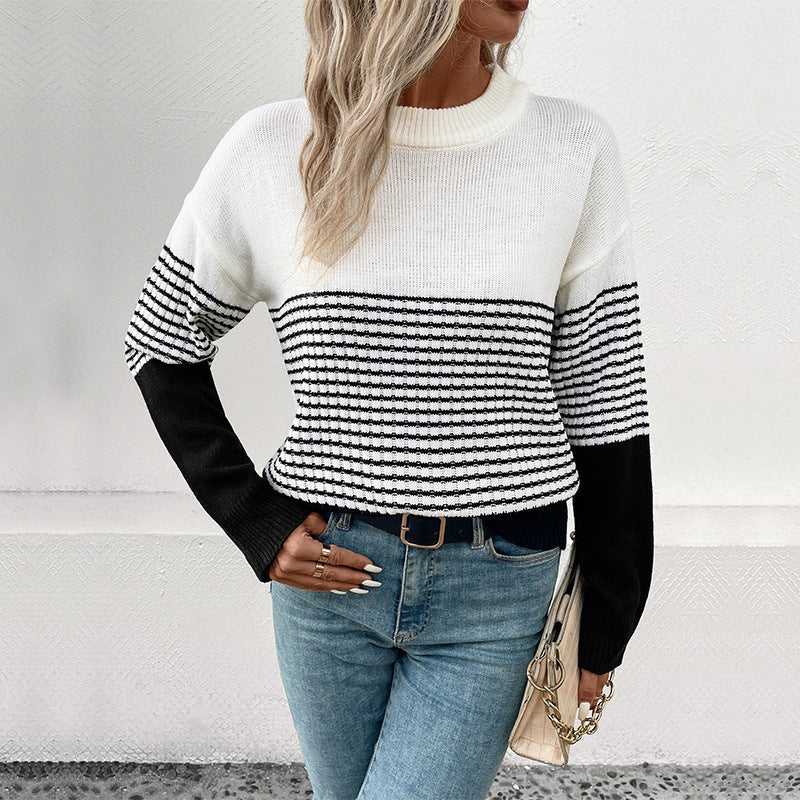 Women's Relaxed-Fit Block Stripe Fine Knit Sweater with Ribbed Cuffs and Dropped Shoulder Mune Fashion