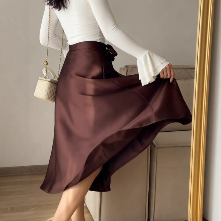 Women High-Waisted A-Line Midi Skirt with Ties and Satin Finish Mune Fashion
