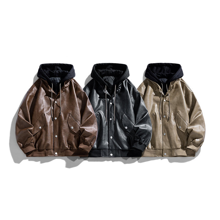 Men's Casual Faux Leather Aviator Jacket in Oversized Cut with Contrast Hood & Snap Button Placket Mune Fashion