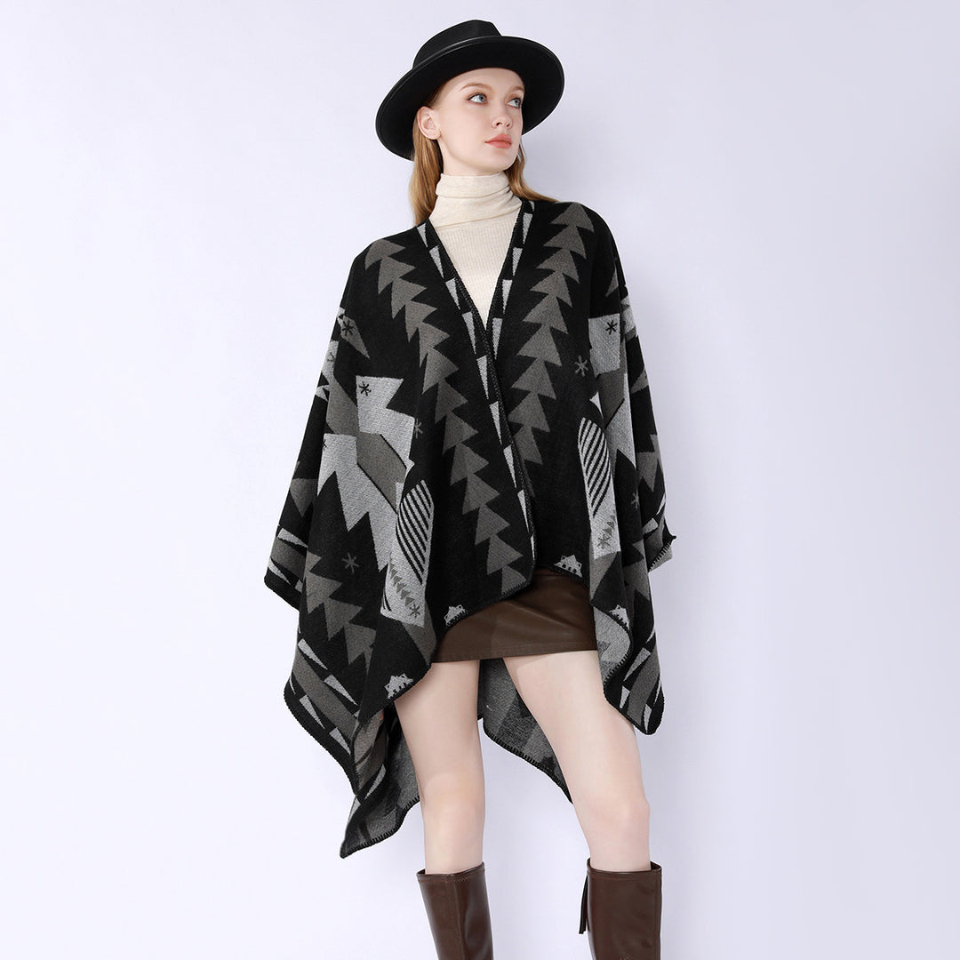 Women's wool blend cape with graphic ethnic pattern and decorative overlock seam Mune Fashion