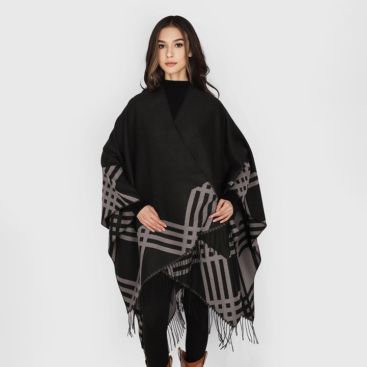 Women's Wool Blend Ruana in Rectangular Cut with Graphic Stripe Jacquard and Fringes