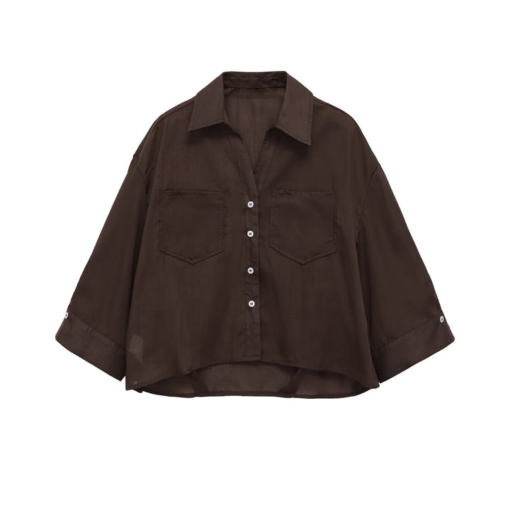 Women Oversized Shirt Blouse with Breast Pockets and Extended Back Hem Mune Fashion