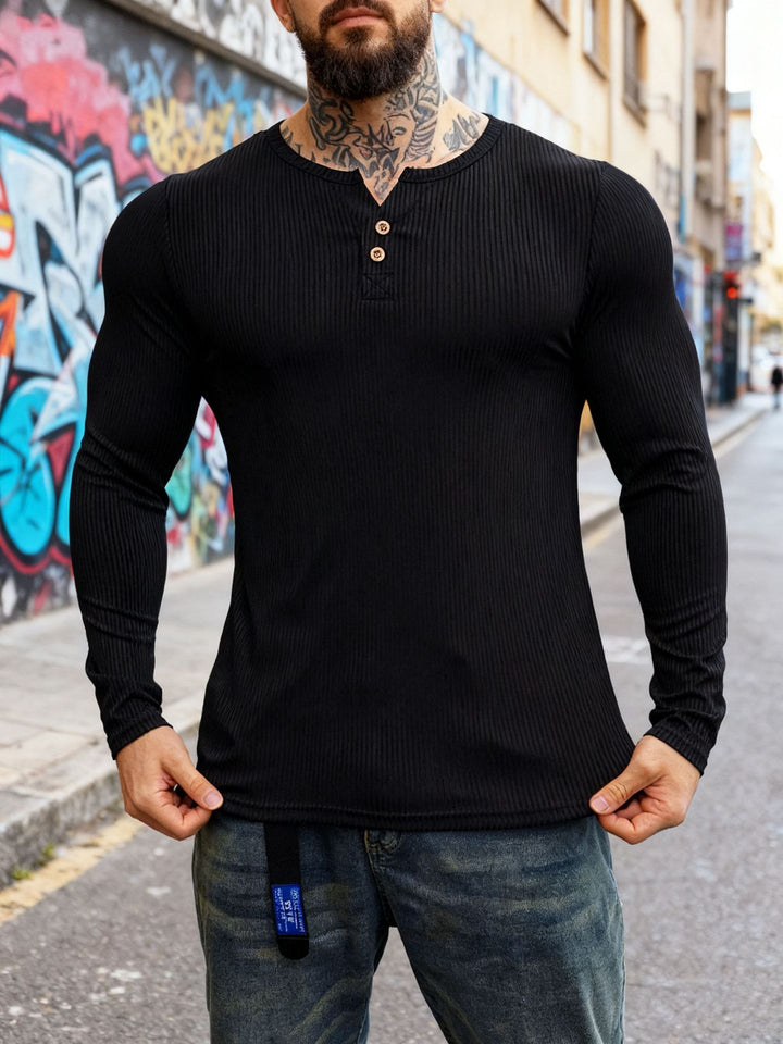 Men's ribbed long-sleeve Henley shirt with flat button placket and fitted stretch fit Mune Fashion
